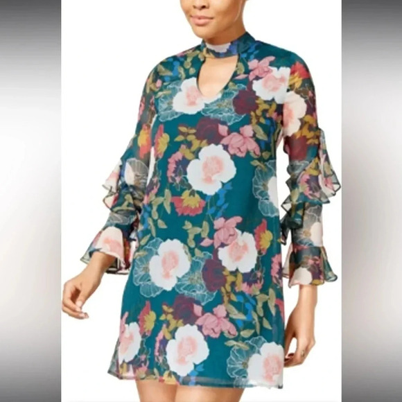 As U Wish Floral-Print Choker-Neck Dress (Green Blush, XS) - Picture 1 of 5